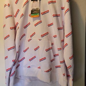 New Costco Wholesale Hoodie White All Over Logo Print sweater kirkland vintage